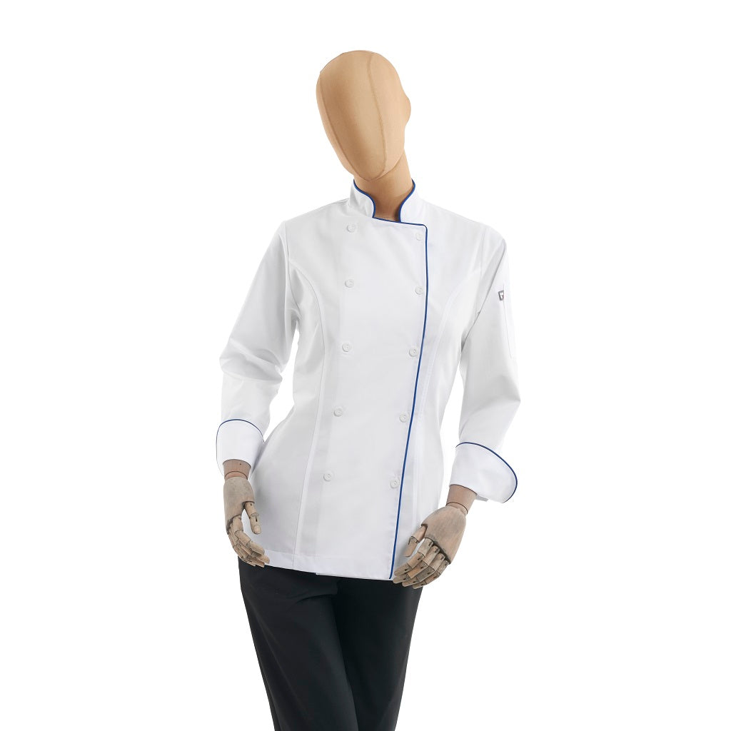 Filipina Color Blanco para Chef Dama Ejecutiva Plus con Vivos Color Azul Rey Manga Larga CROP Diferentes Tallas