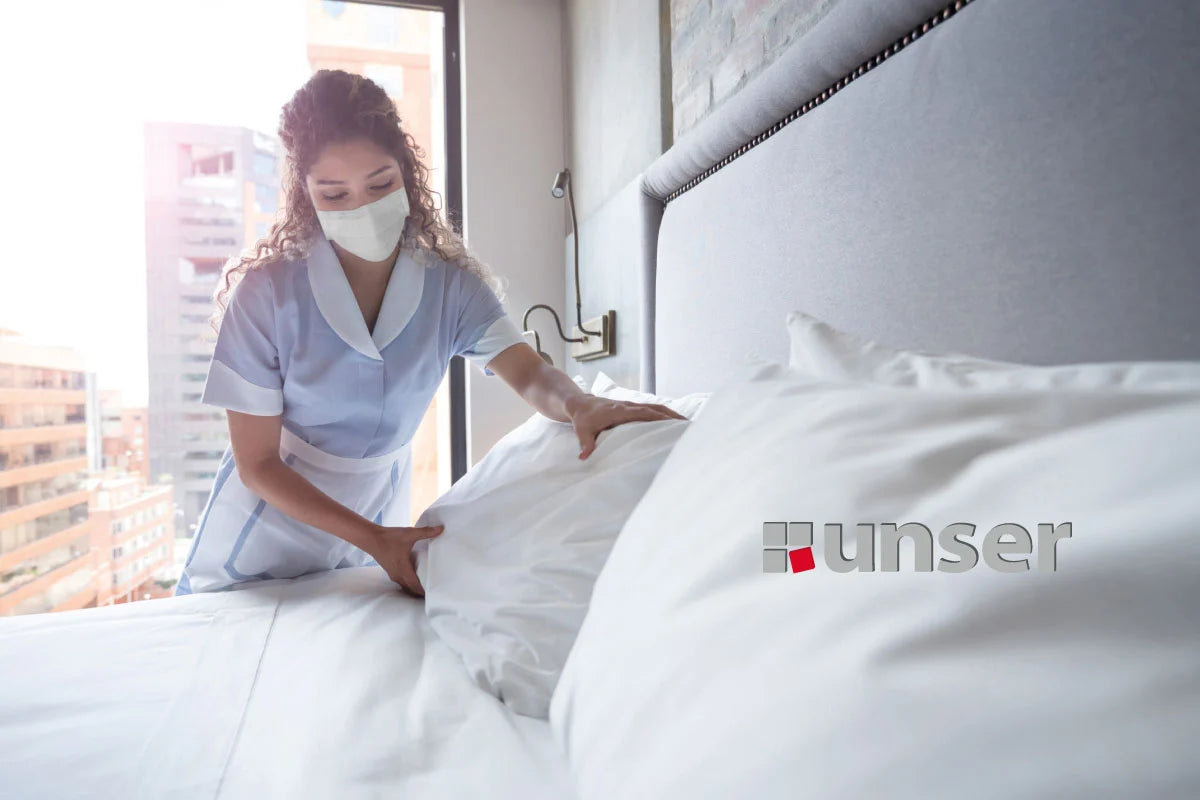 Mujer acomodando una almohada en cuarto de hotel