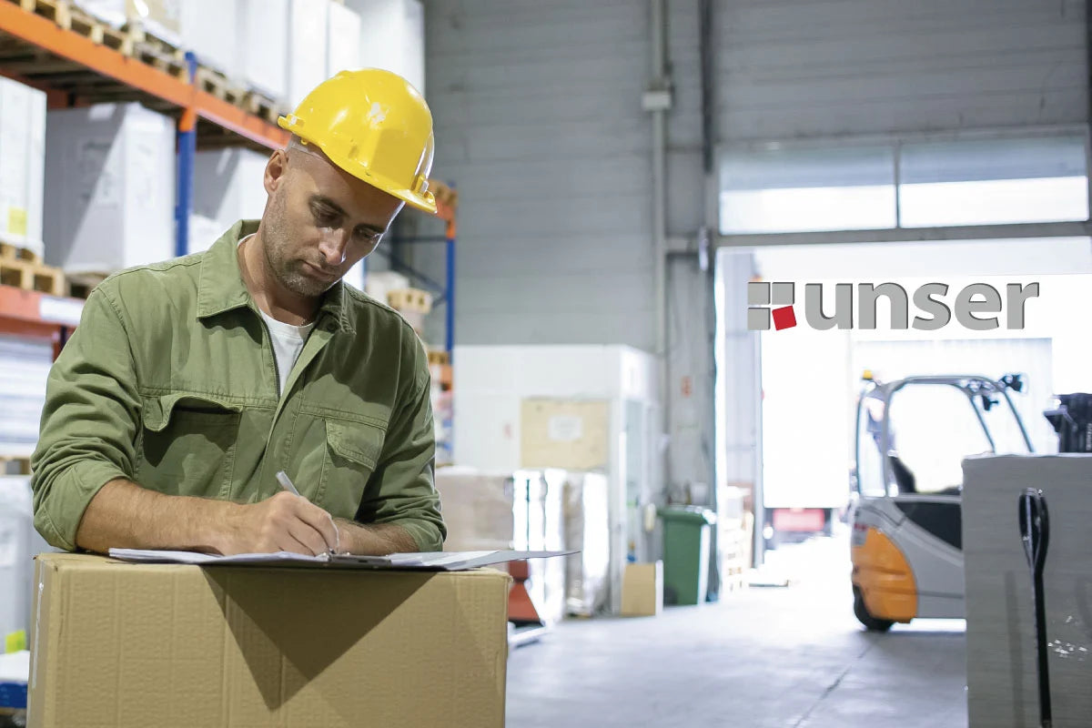 Trabajador de Almacen escribiendo sobre una caja de cartón