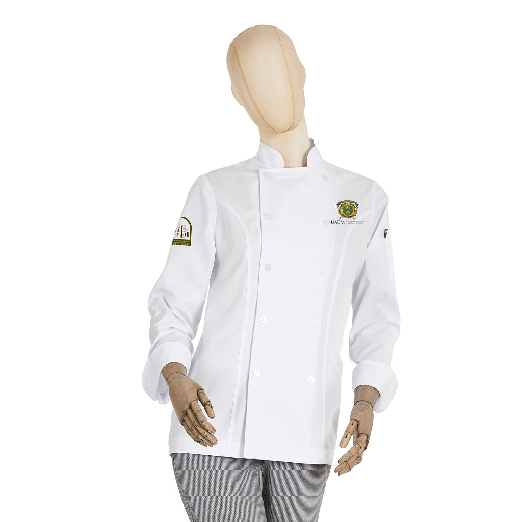 ilipina de chef ejecutiva plus blanca manga larga para mujer con logo UAEM Tenancingo bordado