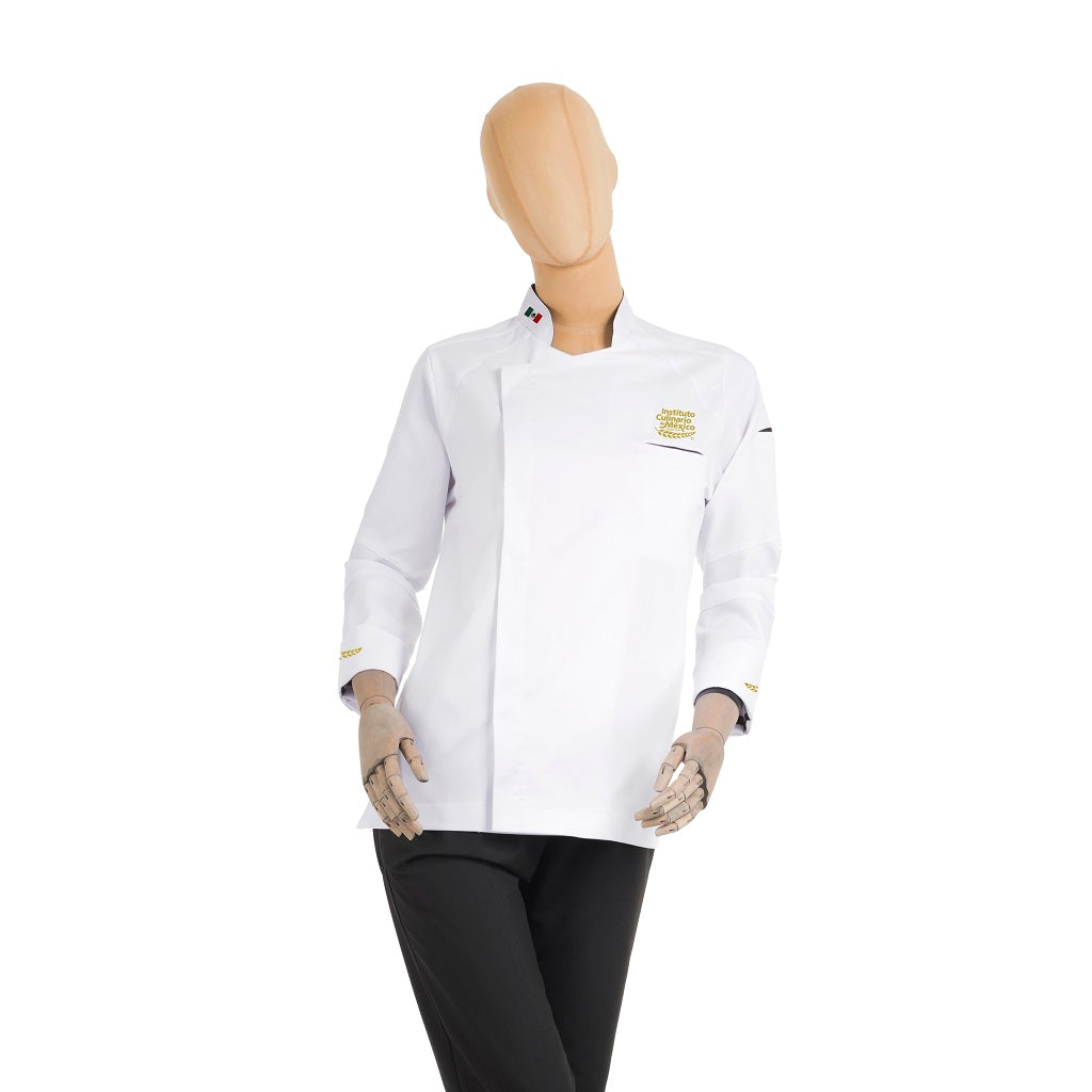 Filipina blanca con bordado ICUM para Uniforme de Chef Dama